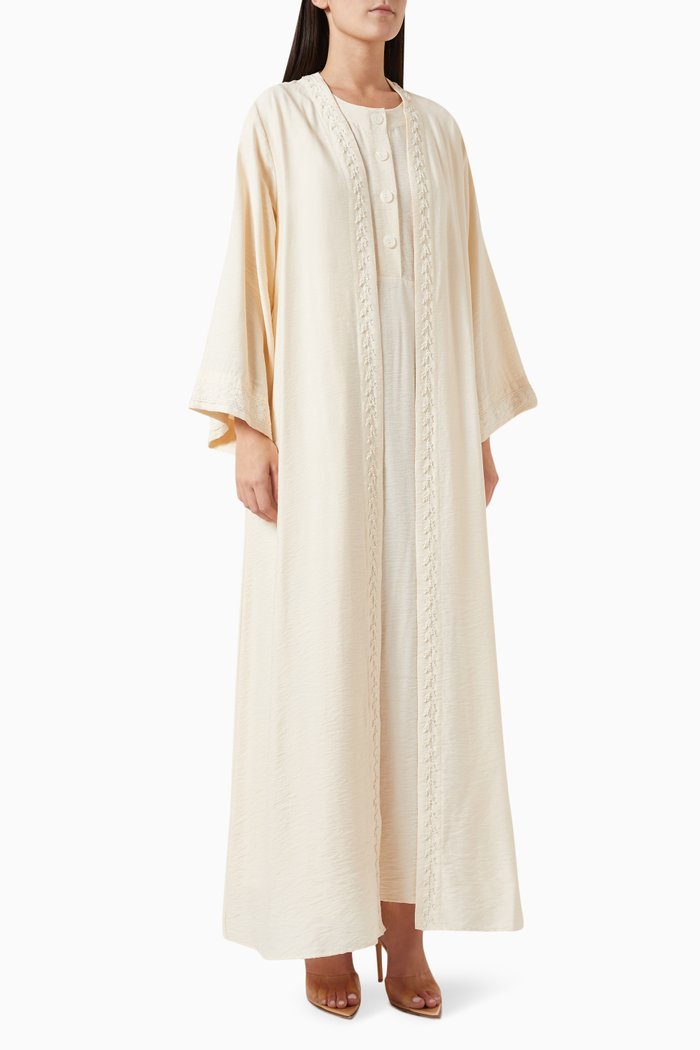 

3-piece Embroidered Abaya Set in Linen, Neutral