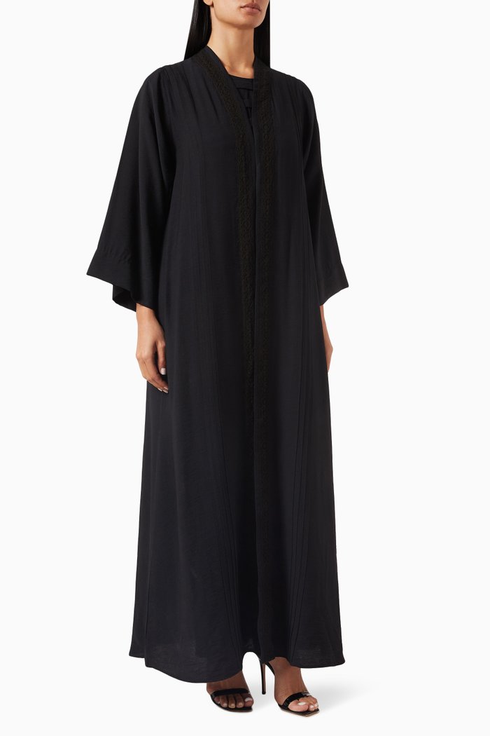 3-piece Embroidered Abaya Set in Cotton-linen, Black