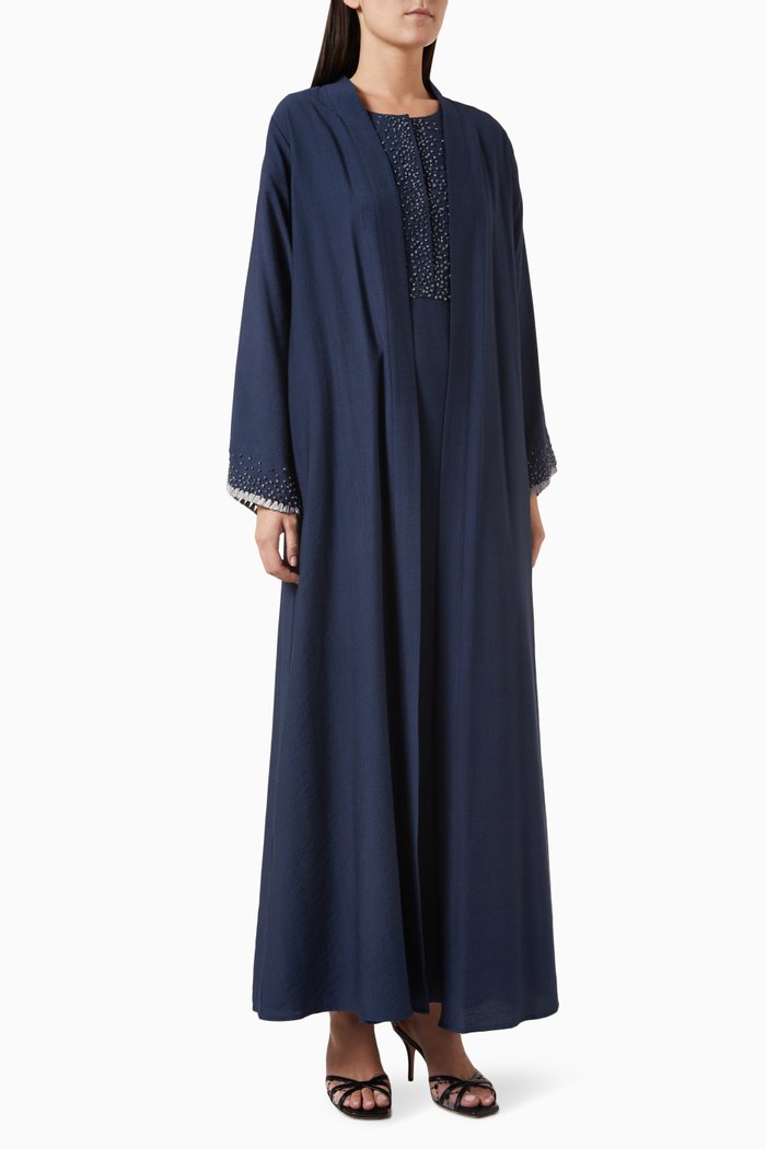 

3-piece Embroidered Abaya Set in Cotton-linen, Blue