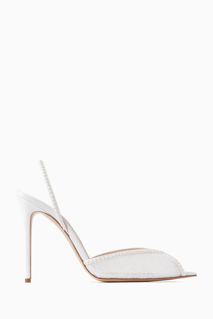 

Katy 105 Pearl Slingback Sandals in Lace & Satin, White