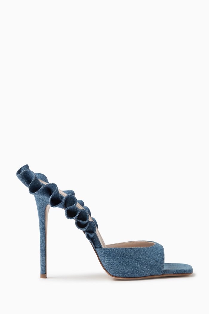 

Rouches 105 Ruffled Mule Sandals in Denim, Blue