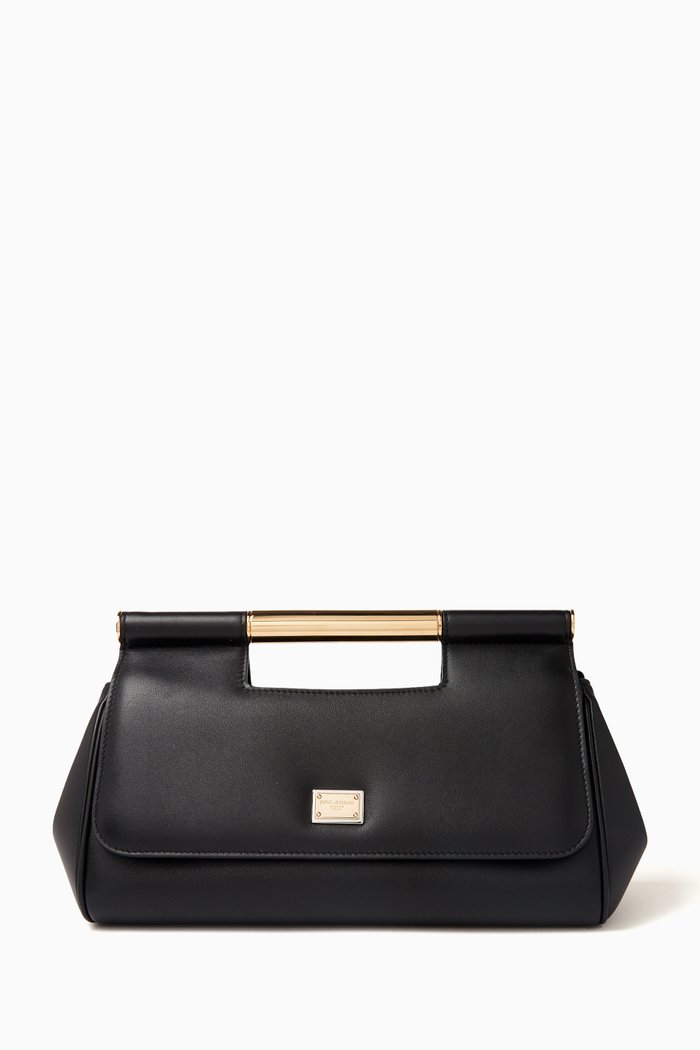 Medium Sicily Clutch Bag in Leather, Black