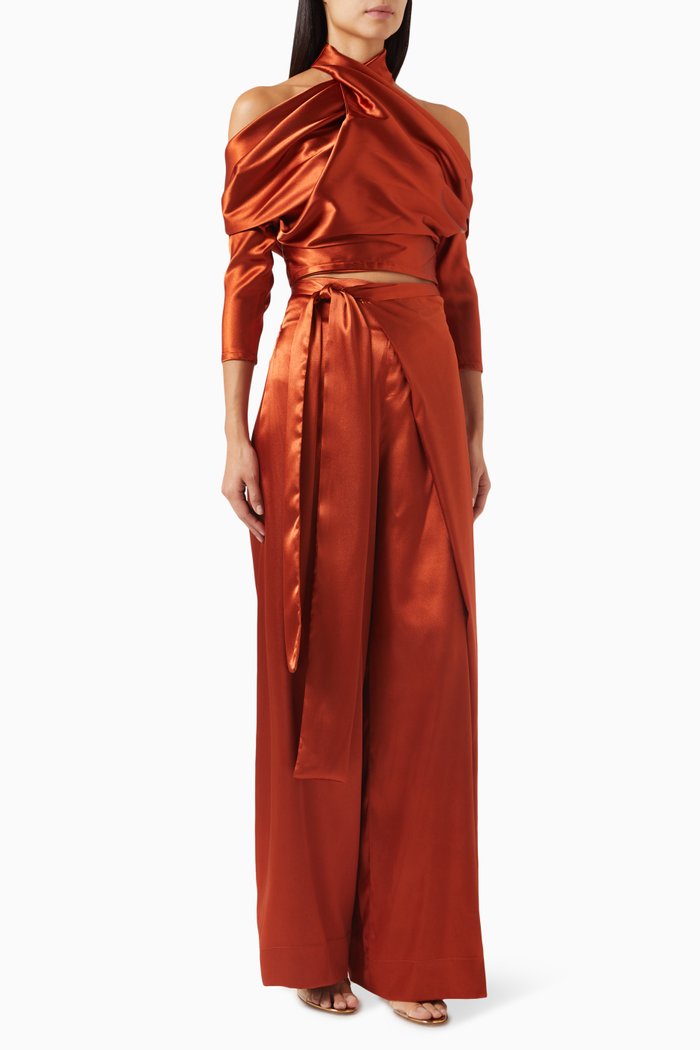 

Topaz Top & Pants Set in Satin, Brown