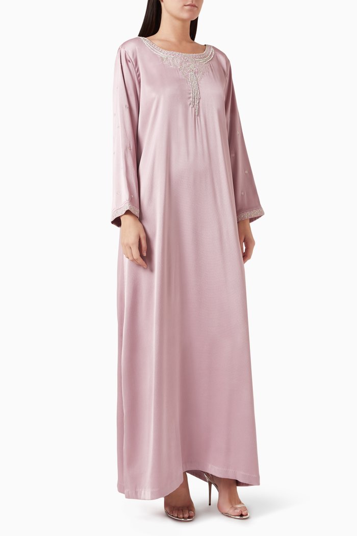 

Embroidered Neckline Kaftan Maxi Dress in Satin, Pink