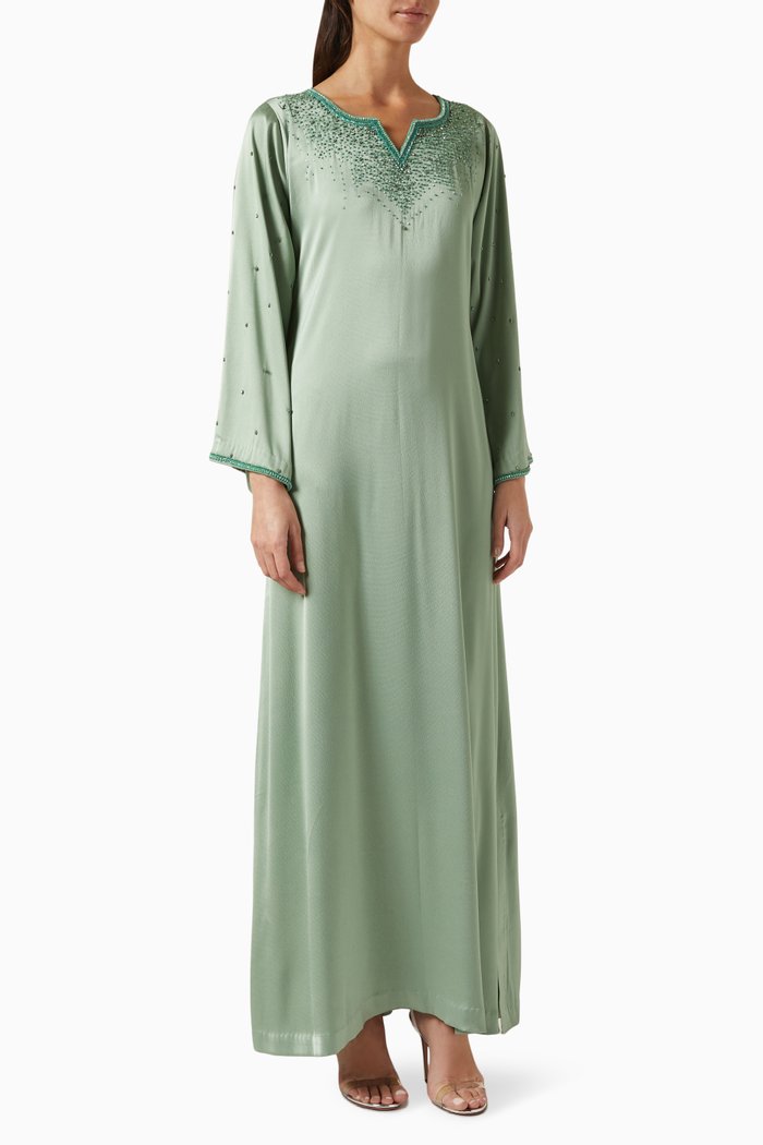 Embellished Kaftan in Crêpe Satin, Green