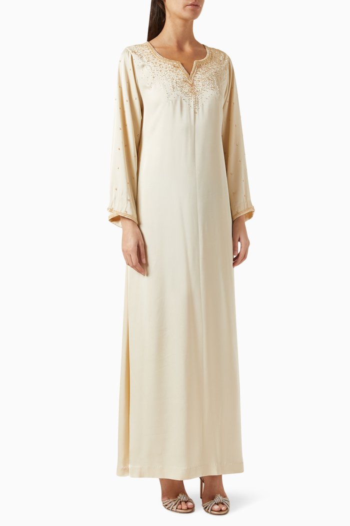 Embellished Kaftan in Crêpe Satin, Neutral