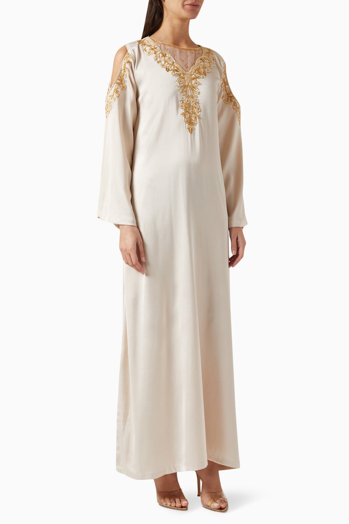 

Beaded Kaftan in Crêpe Satin, Neutral