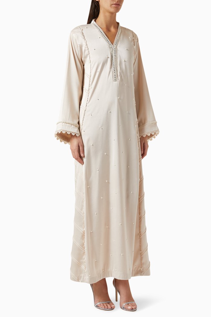 

Pintex Beaded Kaftan in Crêpe Satin, Neutral