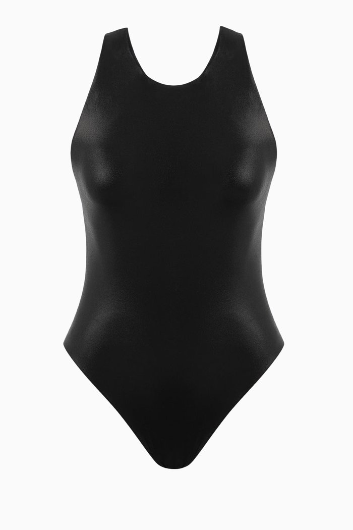 

Backless Asymmetrical Metallic One-piece Swimsuit in Stetch-nylon, Black