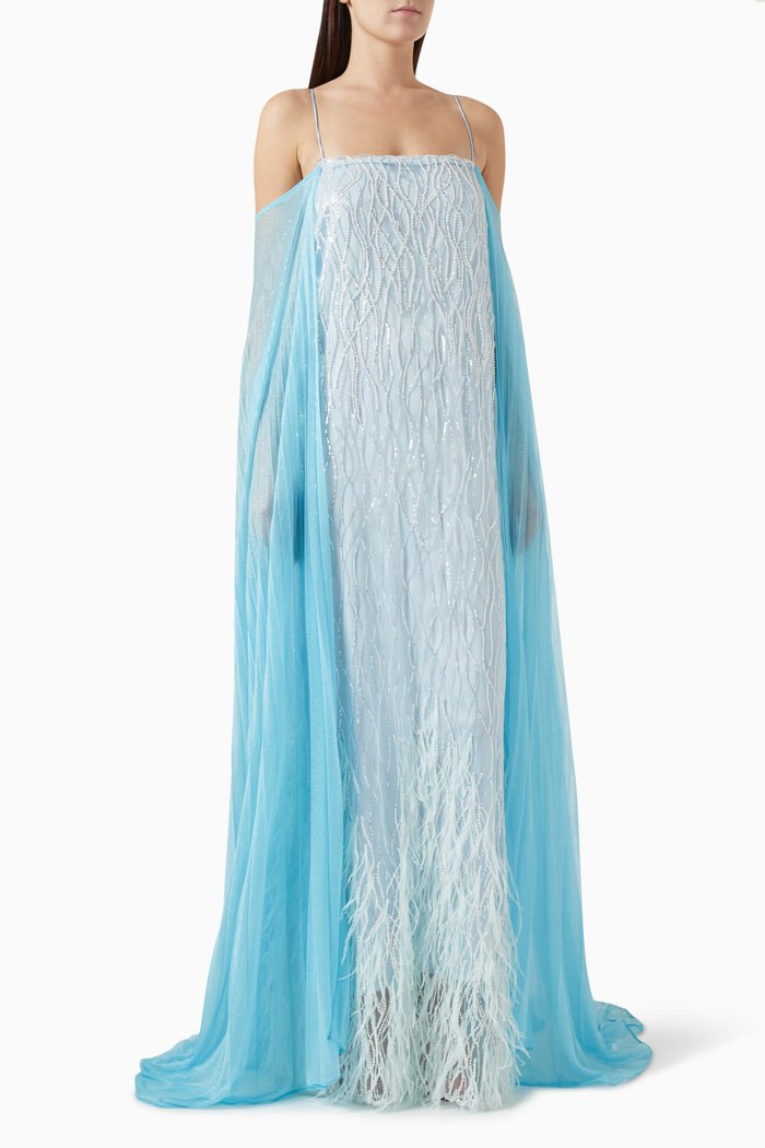 

Carla Feather-embellished Maxi Dress in Rayon, Blue