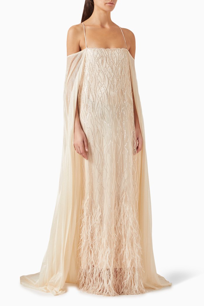 

Carla Feather-embellished Maxi Dress in Rayon, Neutral