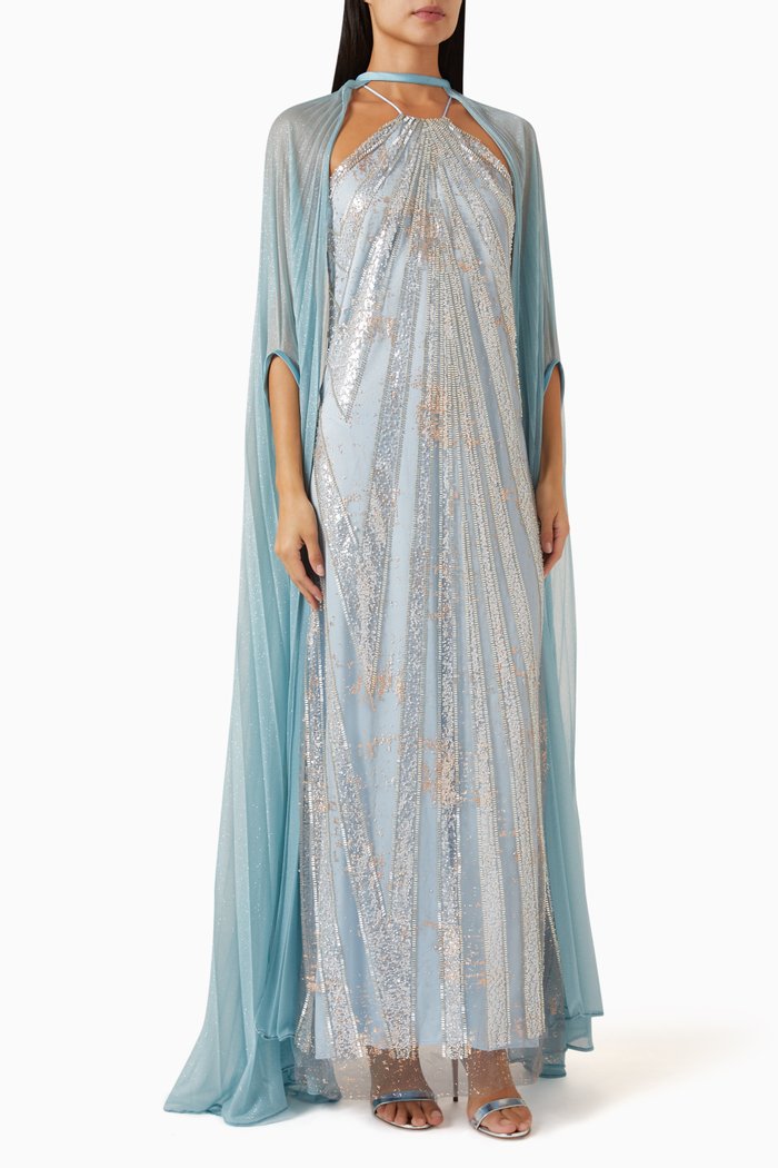 

Carolina Beaded Cape Maxi Dress in Rayon, Blue