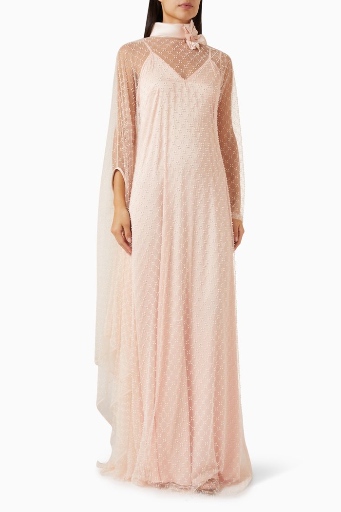 

Julia 3D Flower Kaftan-style Dress in Beaded-mesh, Orange