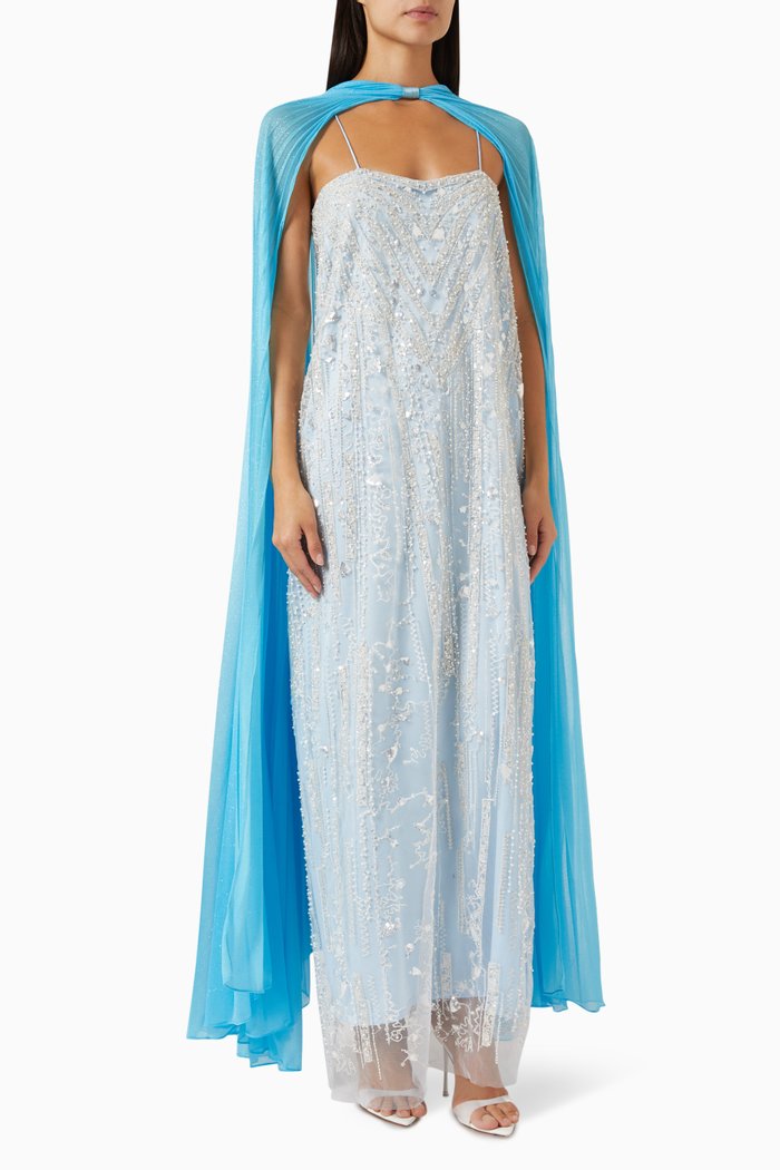 

Carmi Beaded Cape-style Maxi Dress in Rayon, Blue