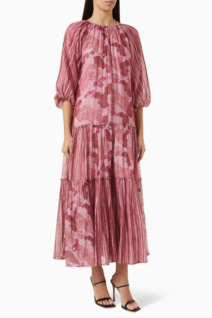 Rosa Printed Dress in Cotton-silk, Red