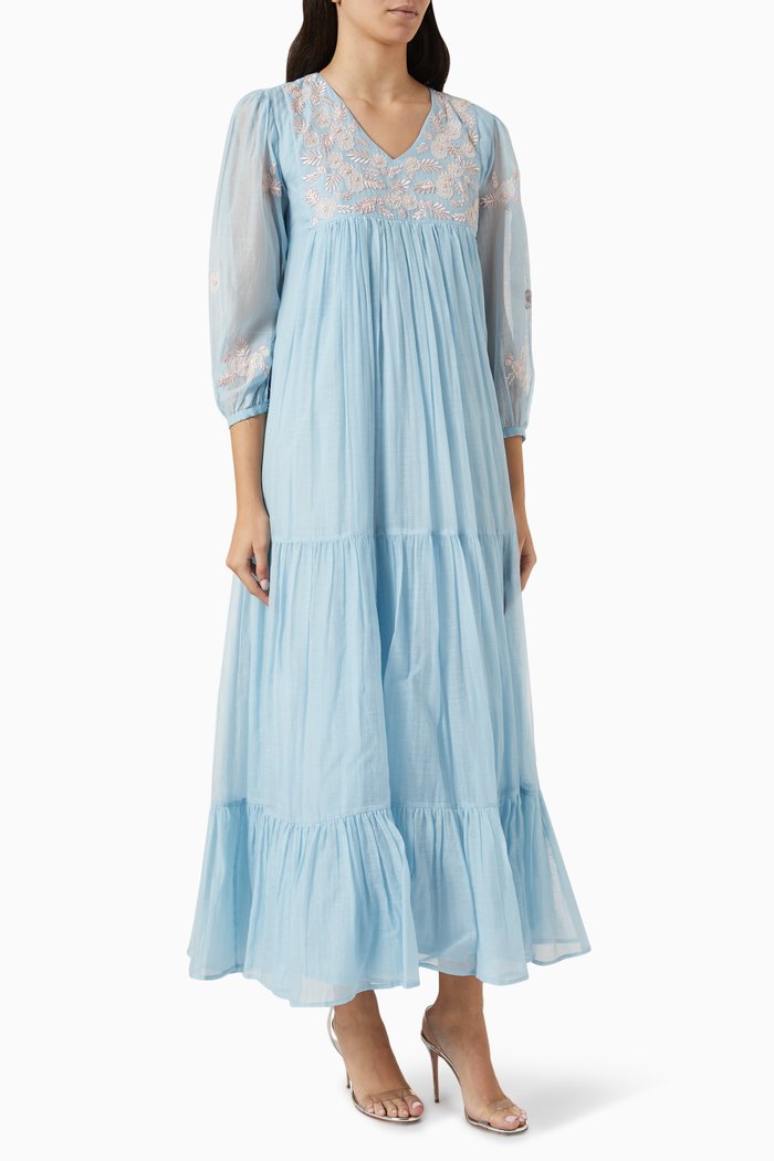 

Alessia Embroidered Dress in Cotton-silk, Blue