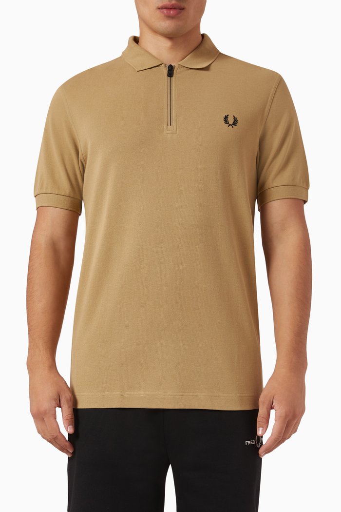 

Embroidered Logo Zip Neck Polo Shirt in Cotton, Brown