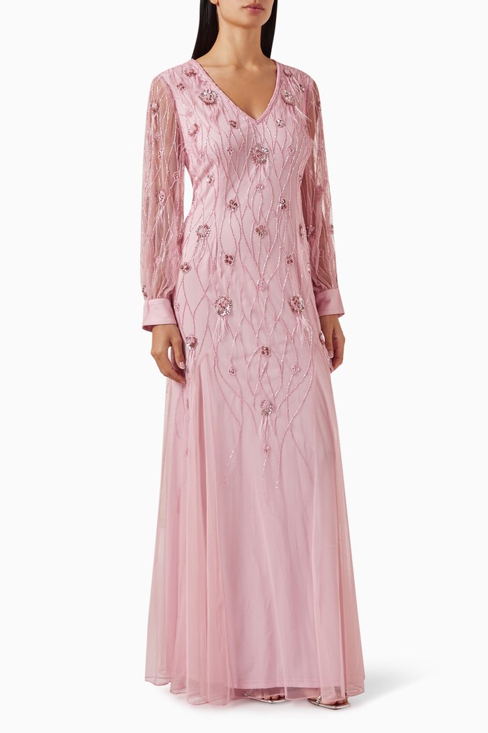 

Sequin & Feather-embellished Dress in Net, Pink