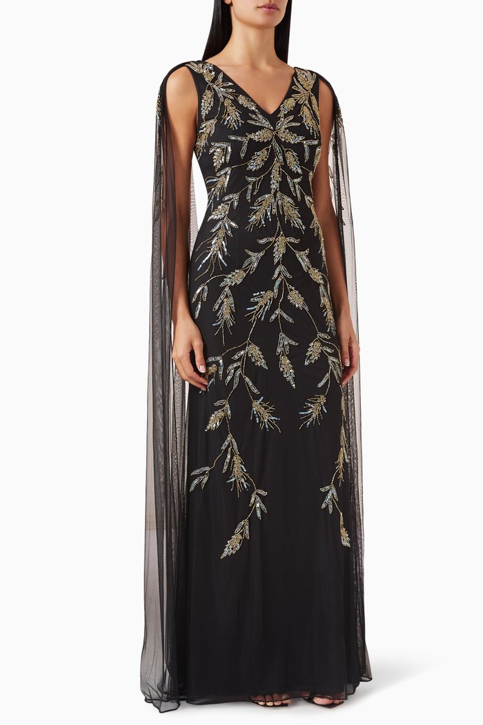 

Bead-embellished Maxi Dress in Net, Black