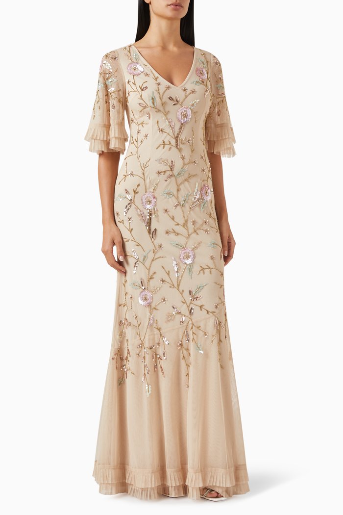 Squin-embellished Dress in Net, Neutral