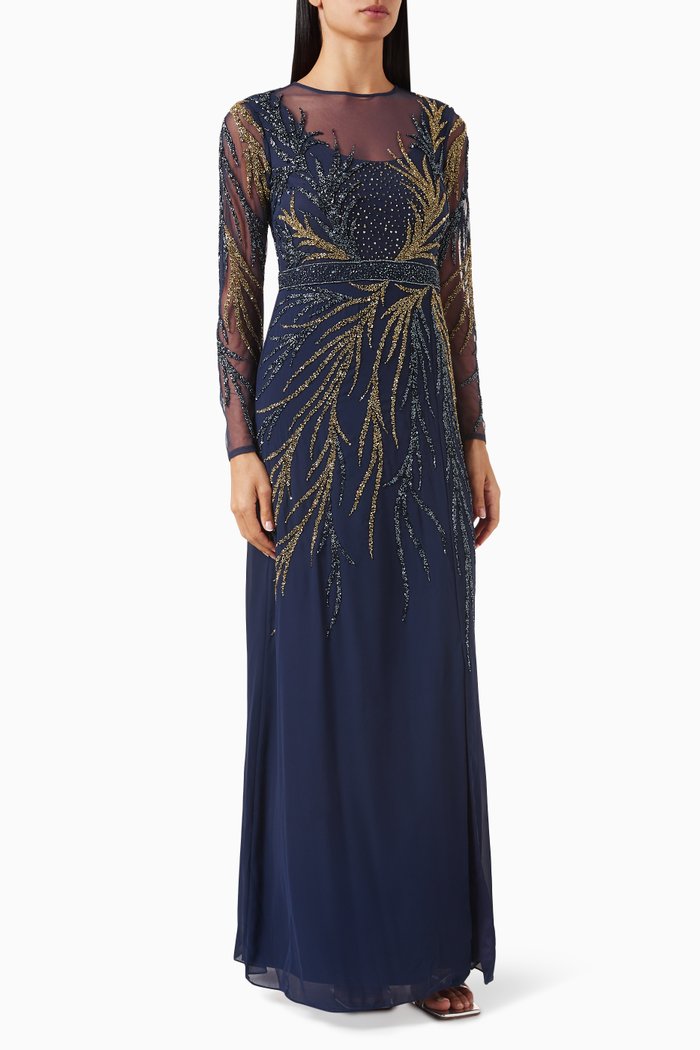 

Embellished Maxi Dress in Net & Georgette, Blue