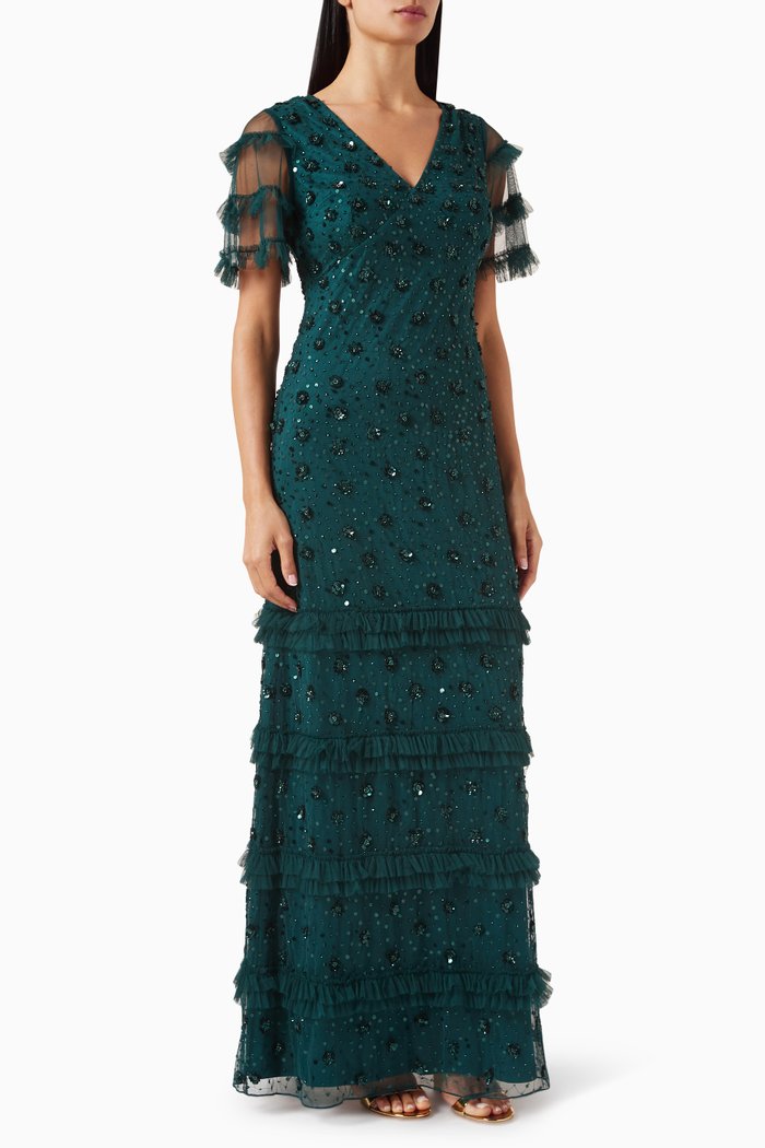 

Sequin-embellished Maxi Dress in Net, Green