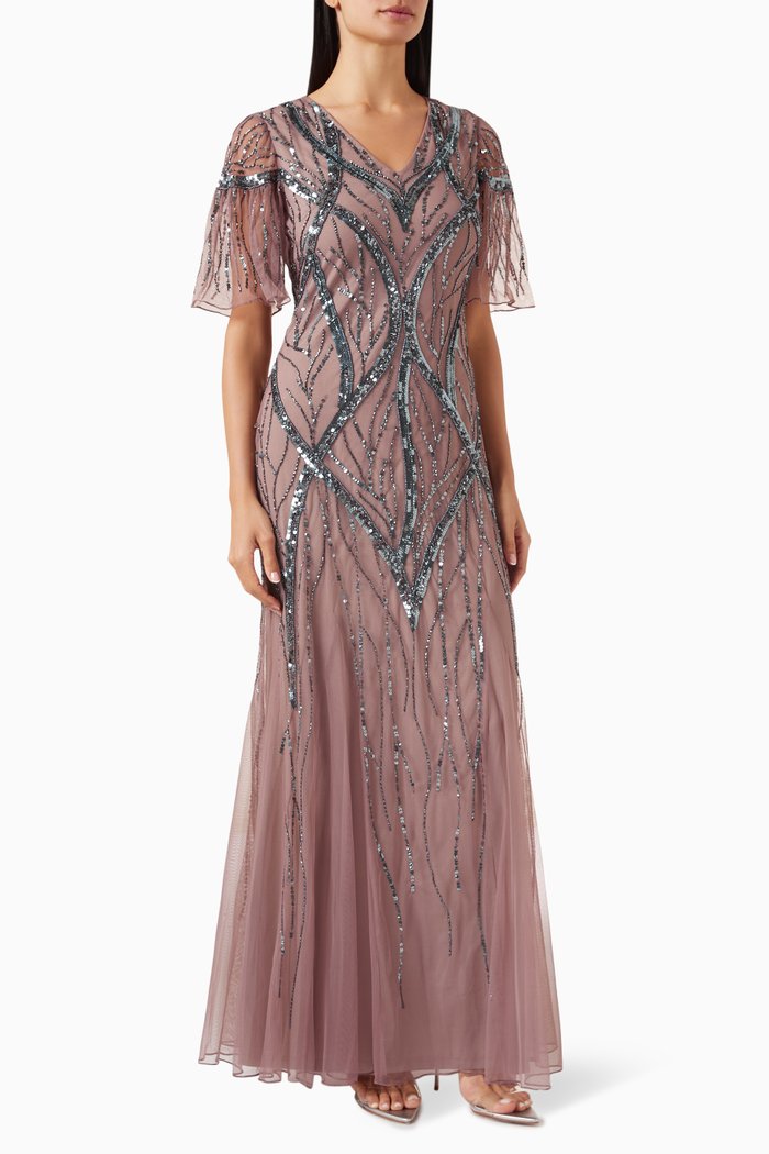 

Bead-embellished Maxi Dress in Net, Purple