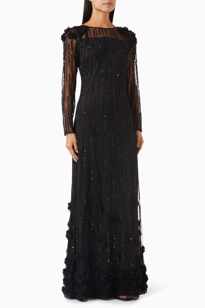 

3D Floral Sequin-embellished Gown in Tulle, Black