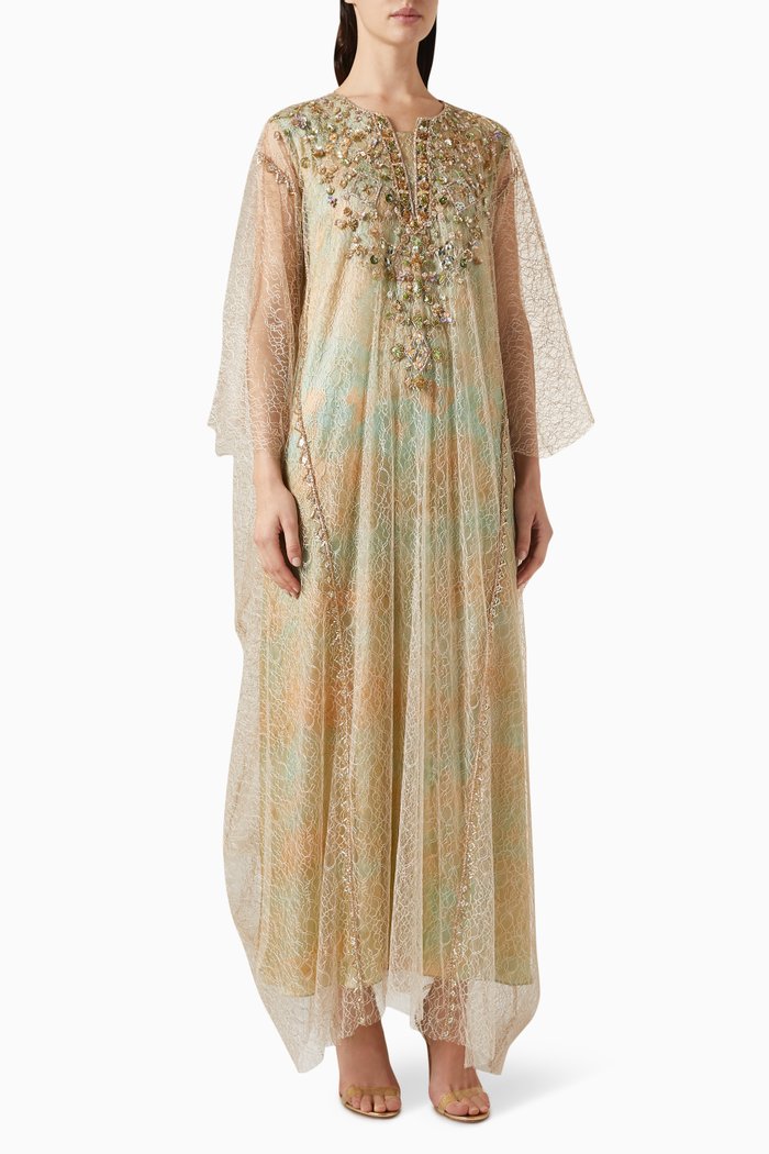 

Embellished Layered Kaftan in Tulle, Green