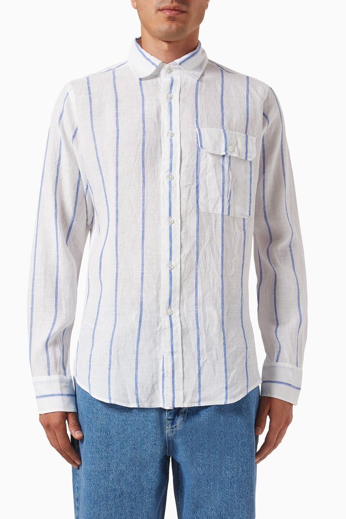 

Wide Stripe Shirt in Linen, Blue