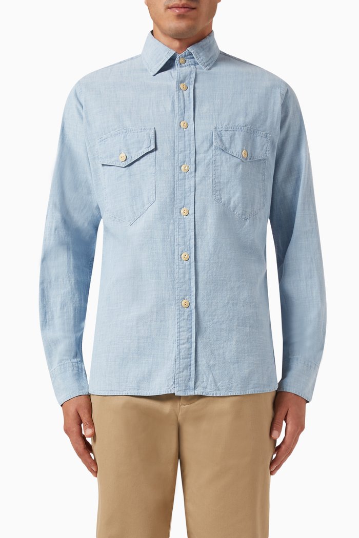 

Two-pocket Work Shirt in Cotton Chambray, Blue