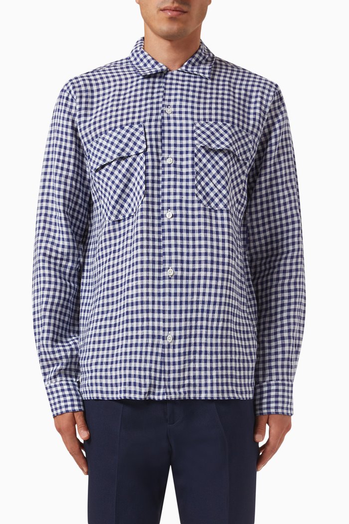 

Gingham Check Camp Collar Shirt in Linen, Blue