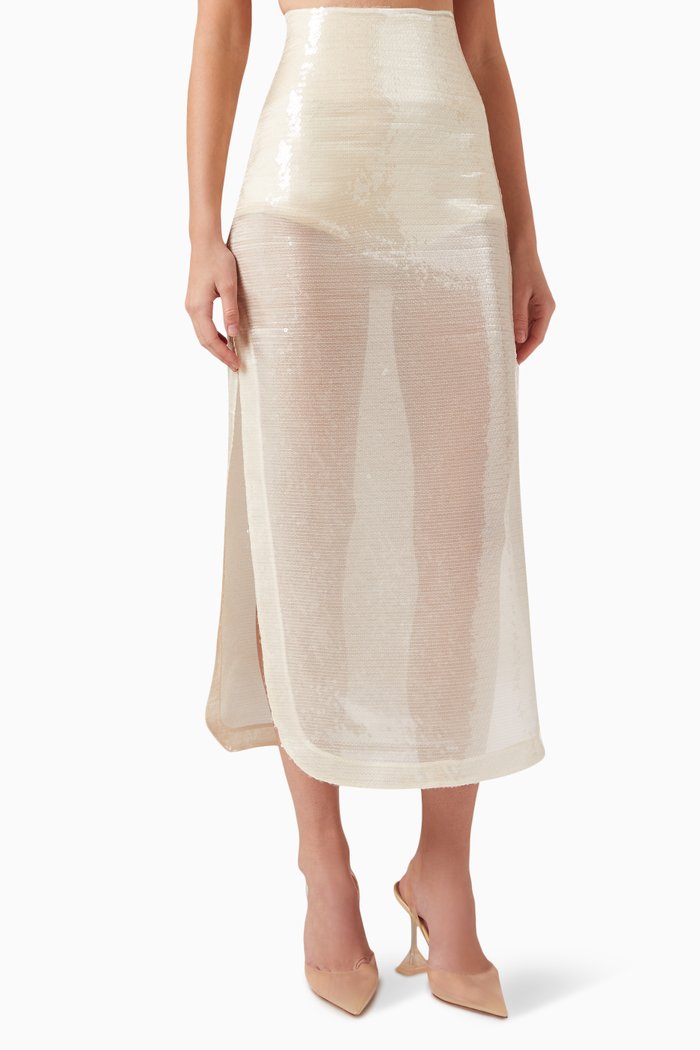 

Sequin-embellished Midi Skirt in Organdy, Neutral