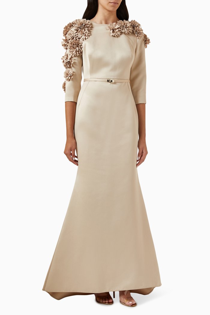 

Floral Maxi Dress in Satin-crêpe, Neutral