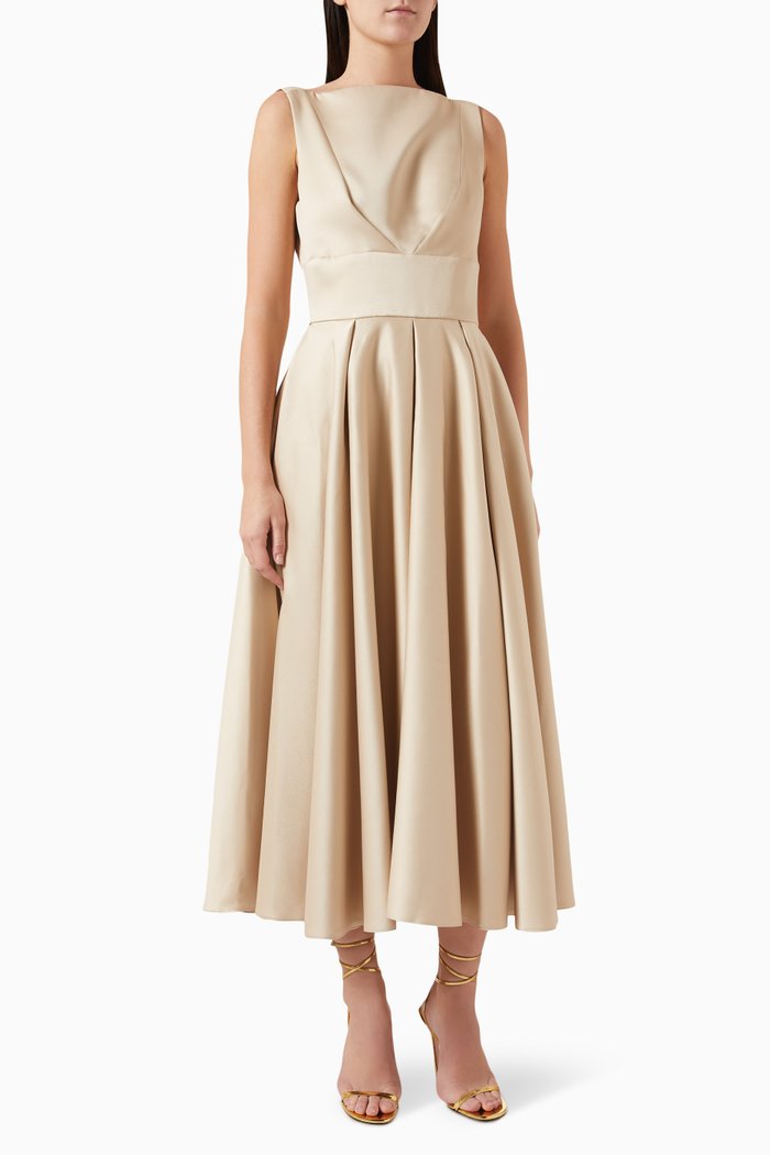 Flared Midi Dress in Satin-crêpe, Neutral