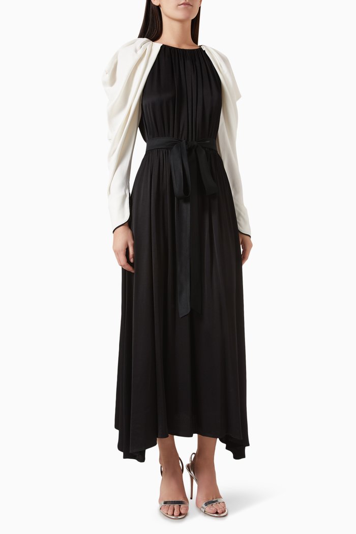 Contrast-sleeved Maxi Dress in Satin, Black