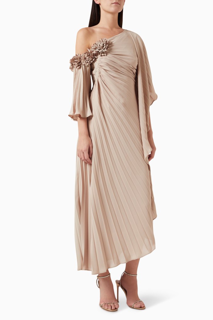 

One-shouder Pleated Dress in Crêpe, Neutral