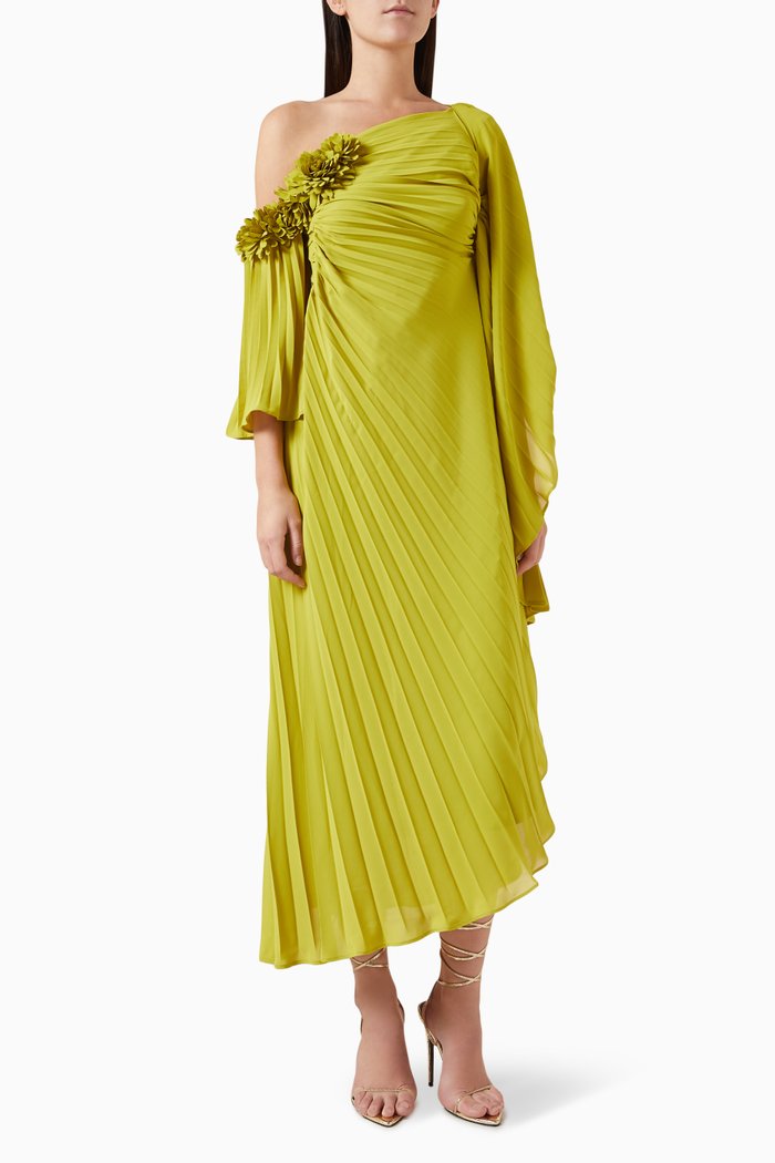 

One-shouder Pleated Dress in Crêpe, Green