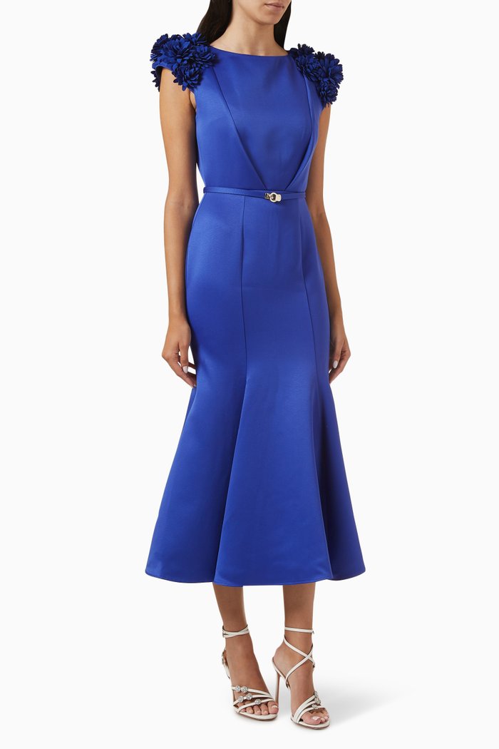 

Floral Midi Dress in Satin-crêpe, Blue