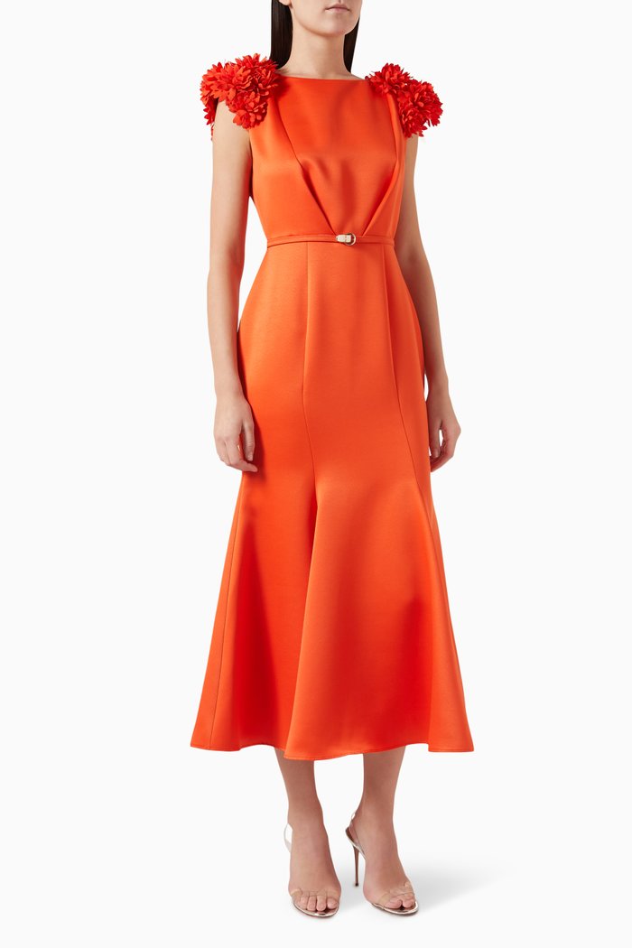 

Floral Midi Dress in Satin-crêpe, Orange