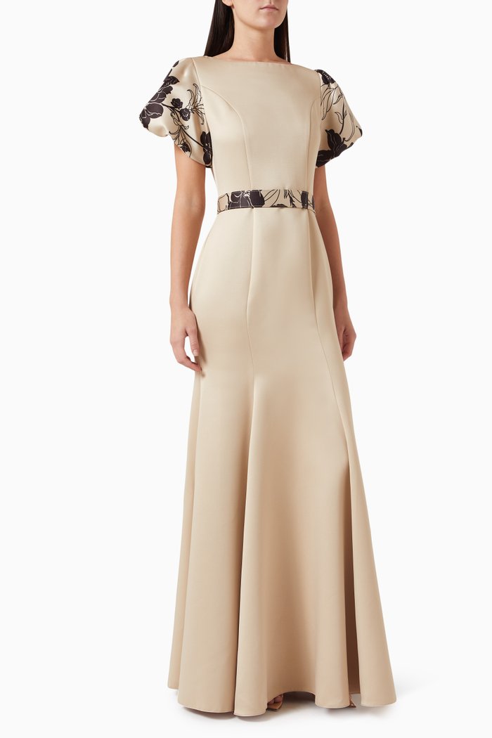

Floral-print Maxi Dress in Satin-crêpe, Neutral