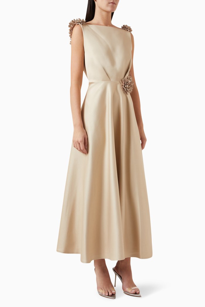 

Floral Flared Dress in Satin-crêpe, Neutral