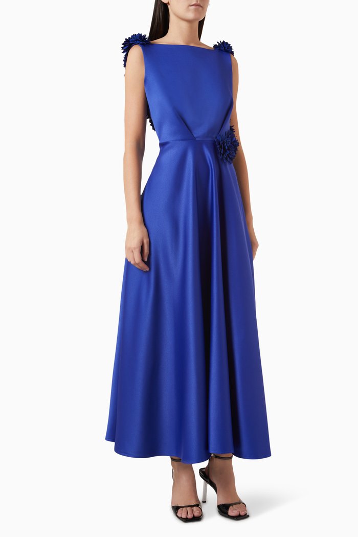 

Floral Flared Dress in Satin-crêpe, Blue