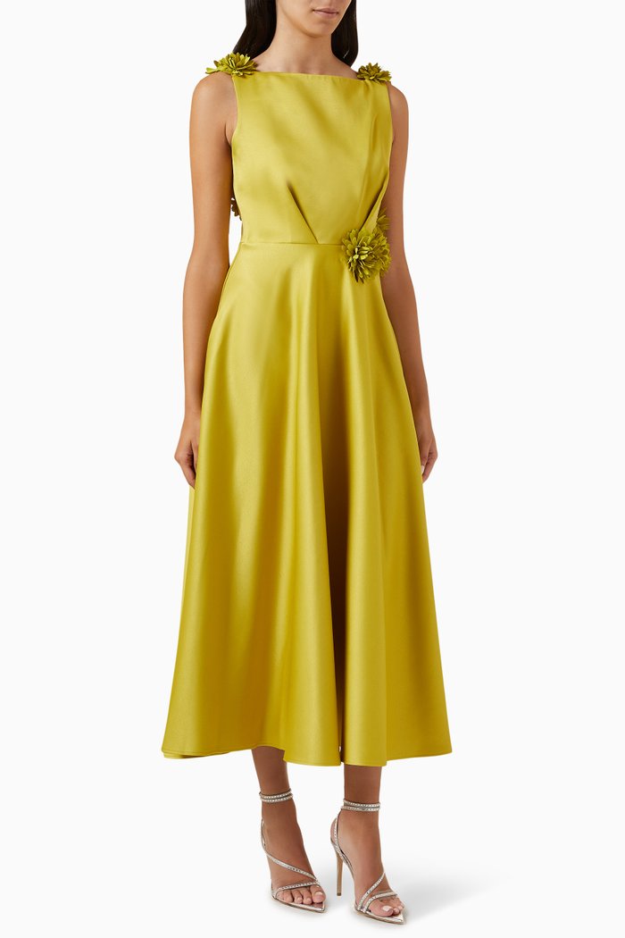 

Floral Flared Dress in Satin-crêpe, Green