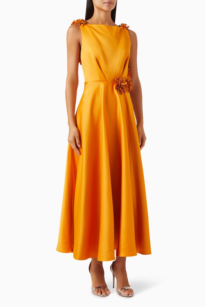 

Floral Flared Dress in Satin-crêpe, Orange