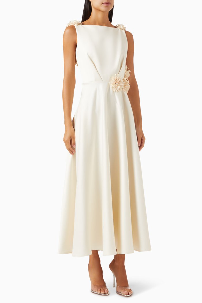 

Floral Flared Dress in Satin-crêpe, White