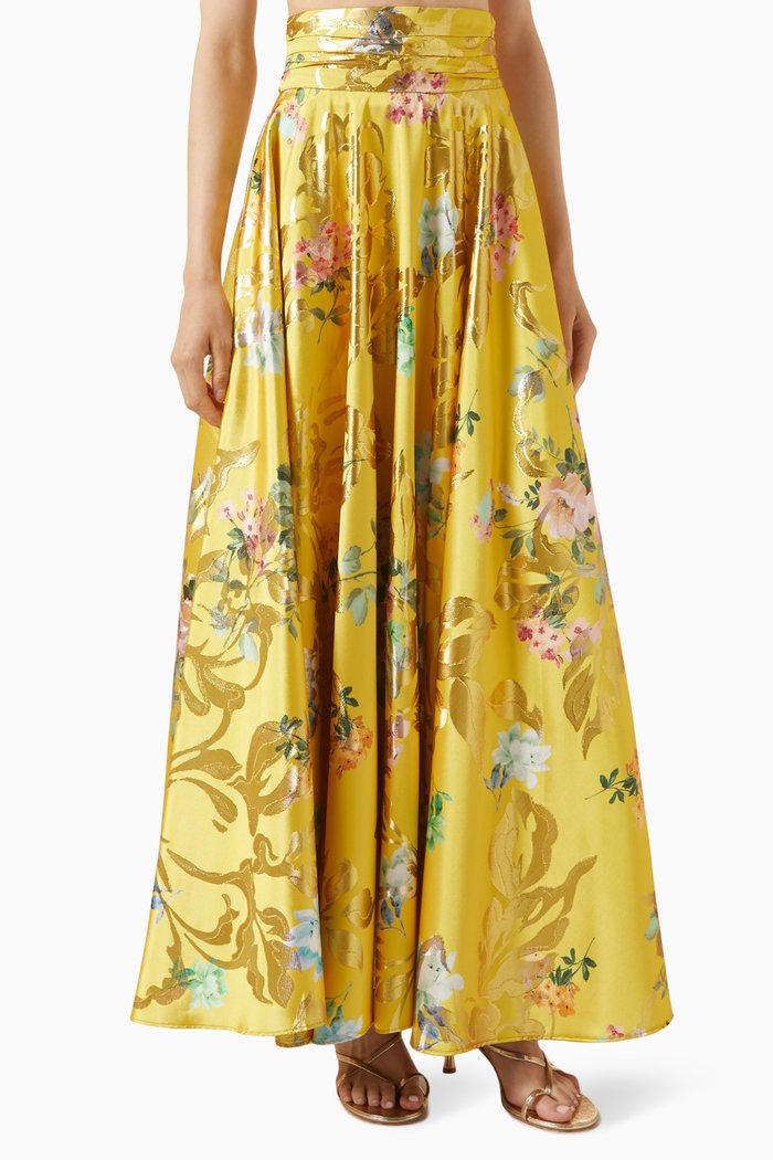 

Floral Flared Maxi Skirt in Satin-jacqaurd, Yellow