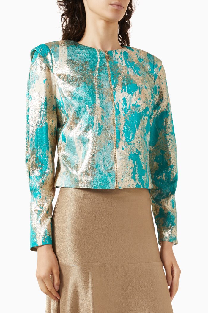 Metallic Zip Jacket in Viscose-jacqaurd, Green