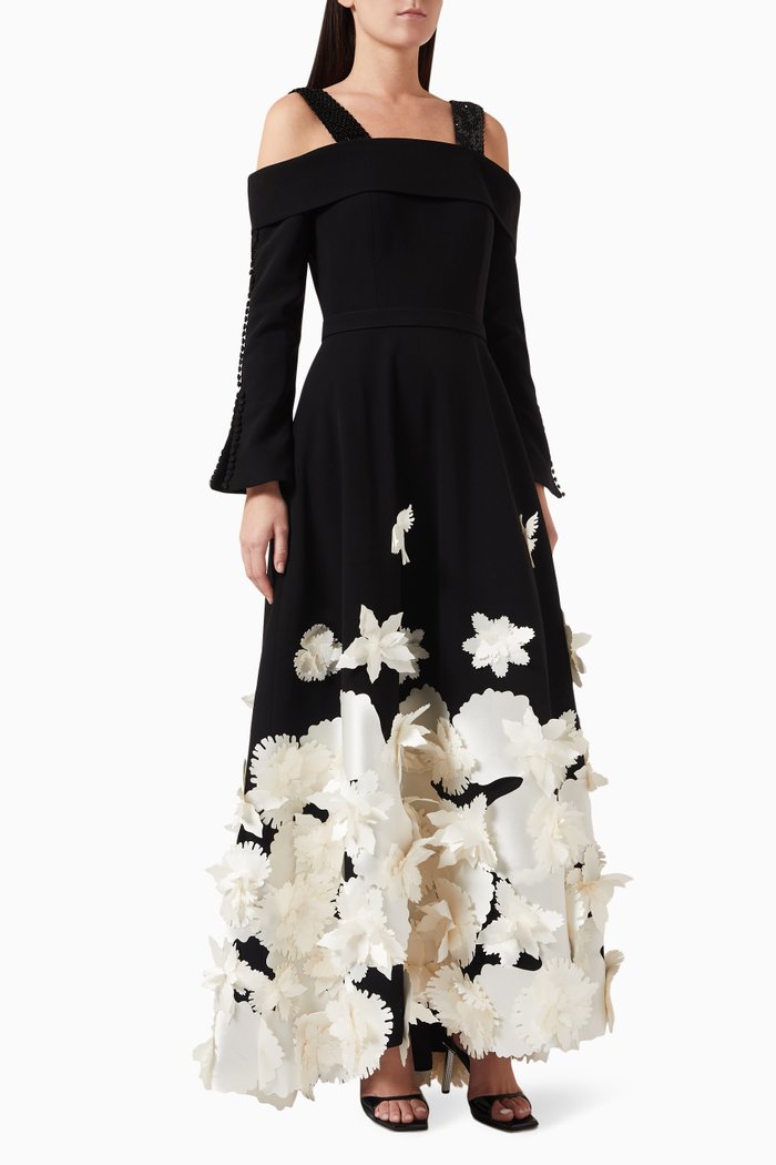 

Off-shoulder Floral Midi Dress, Black