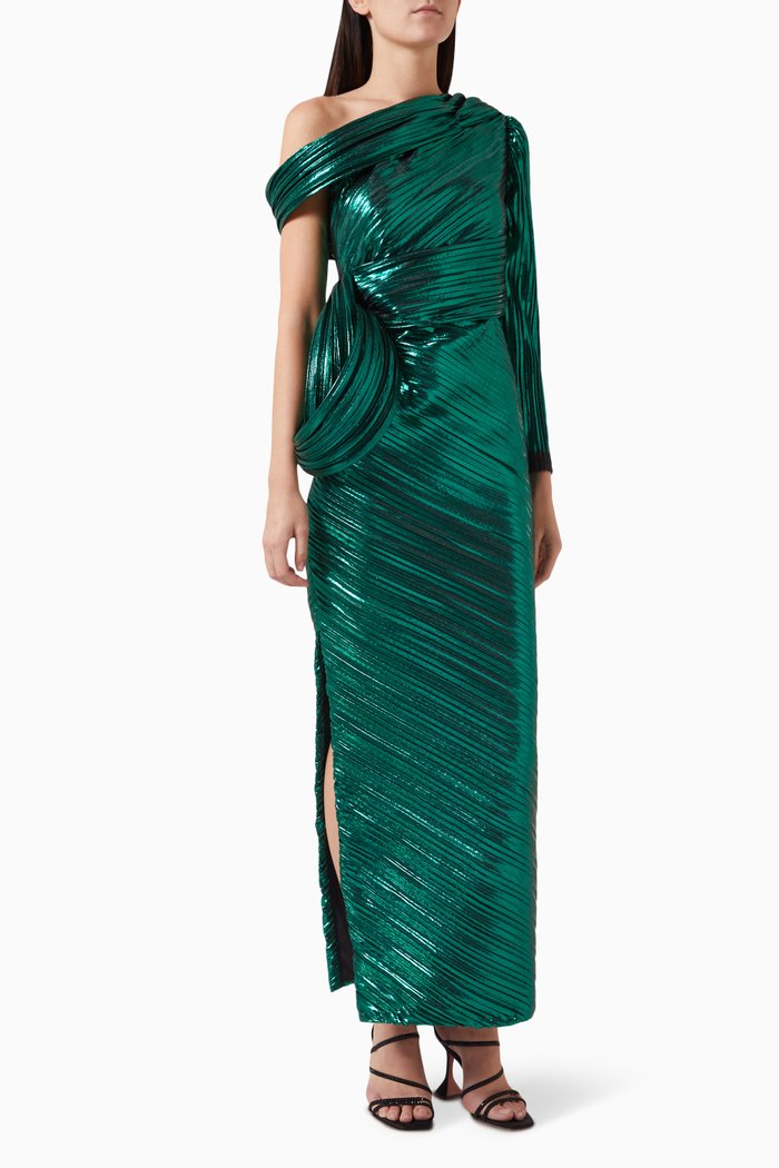 

Asymmetrical Maxi Dress in Metallic Fabric, Green